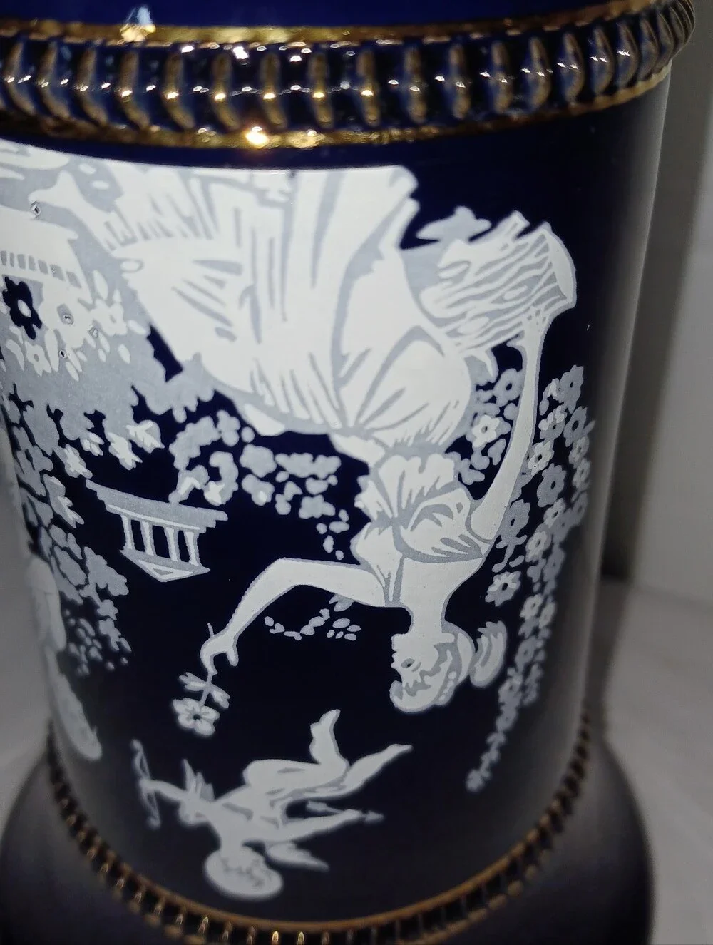 Vintage Hand Made Florentine Italy Blue Classical Vase with White Cameo Motif